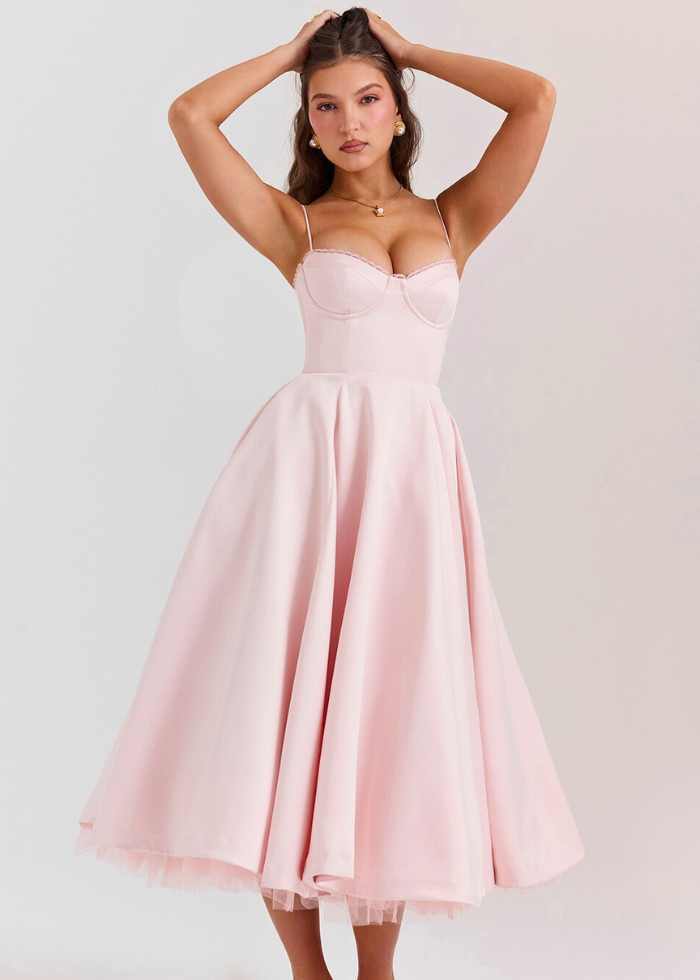 Robe Longue Rose Femme – Style Bustier & Jupe Volumineuse