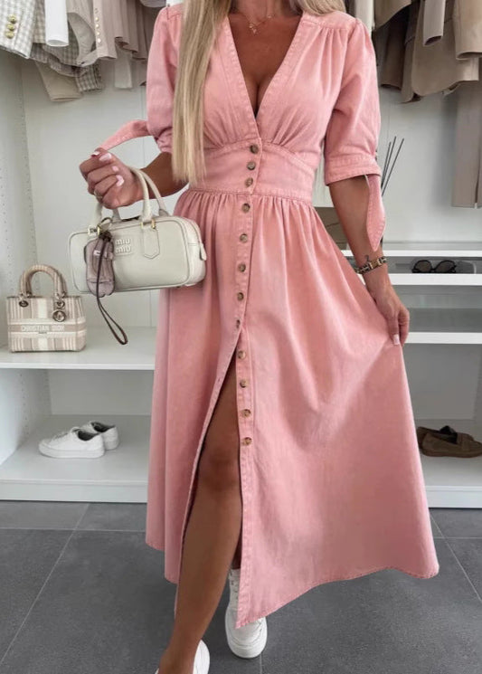 Robe Longue en Jean Fendue Boutonnée