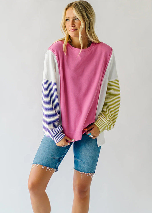 Pull décontracté col rond bicolore femme