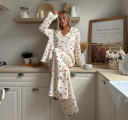 Pyjama Coton Femme – Ensemble Long Imprimé Cœurs