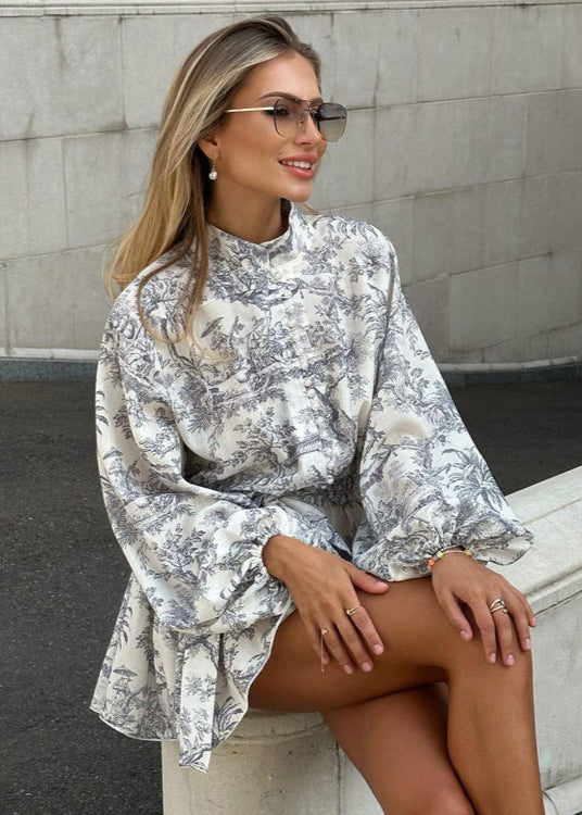 Robe courte imprimée manches bouffantes