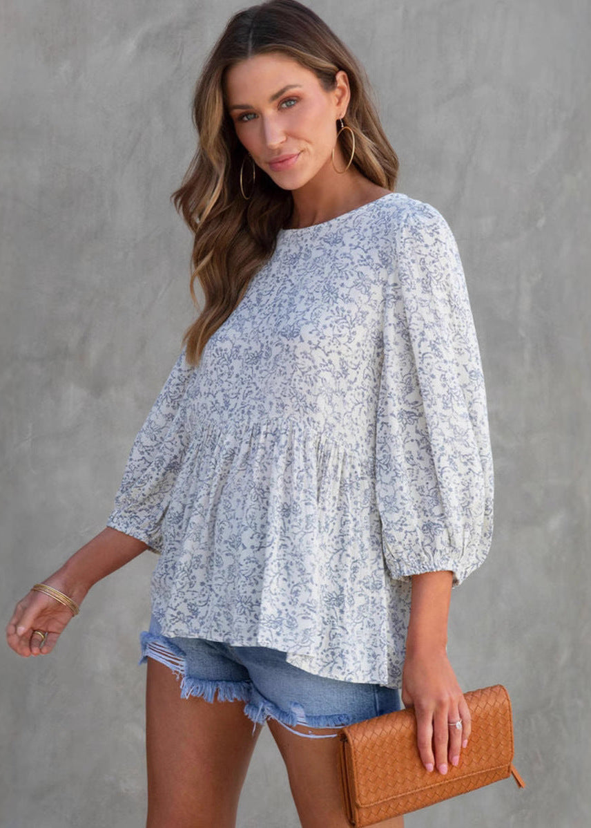 Blouse fleurie manches lanterne décontractée