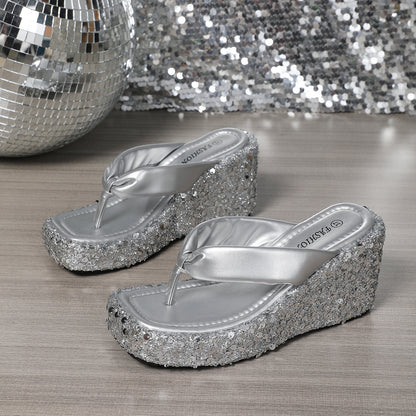 Sandales compensées brillantes femme été