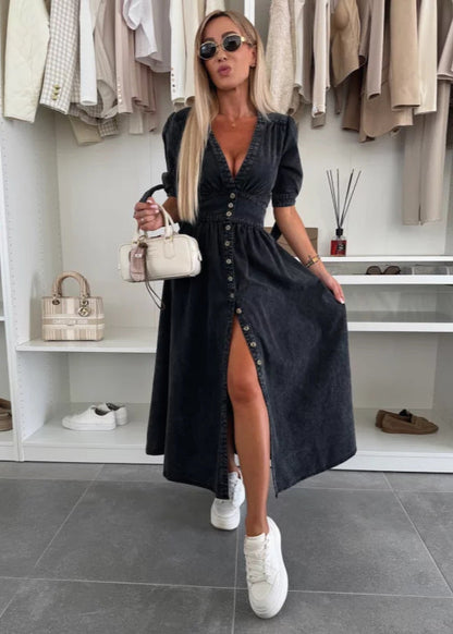 Robe Longue en Jean Fendue Boutonnée