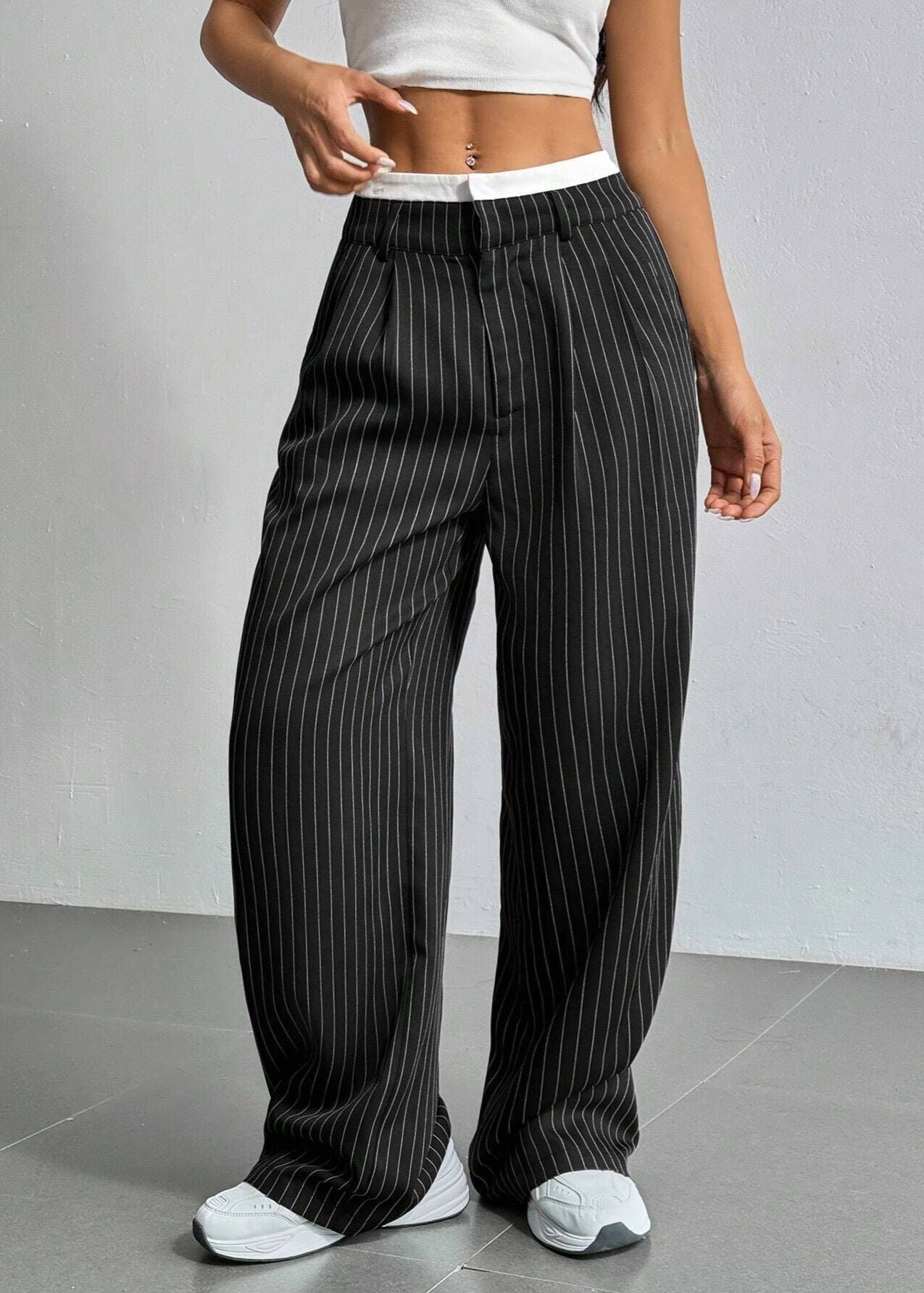 Pantalon droit rayé taille haute