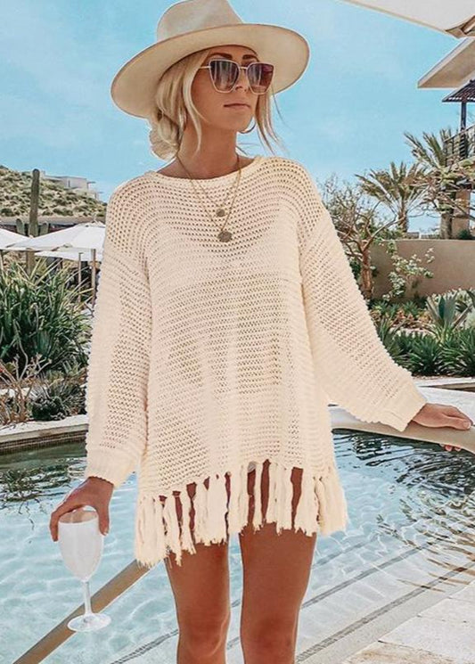 Poncho de plage en maille ajourée à franges
