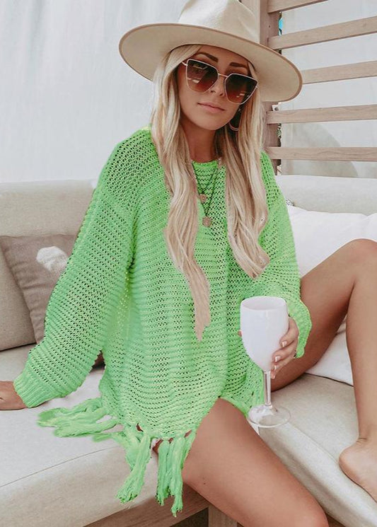 Poncho de plage en maille ajourée à franges